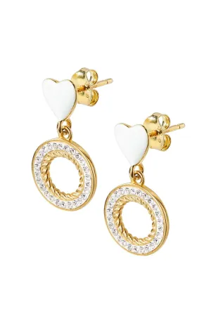 Gold Plated Sterling Silver White Enamel & Crystal Heart Stud Earrings