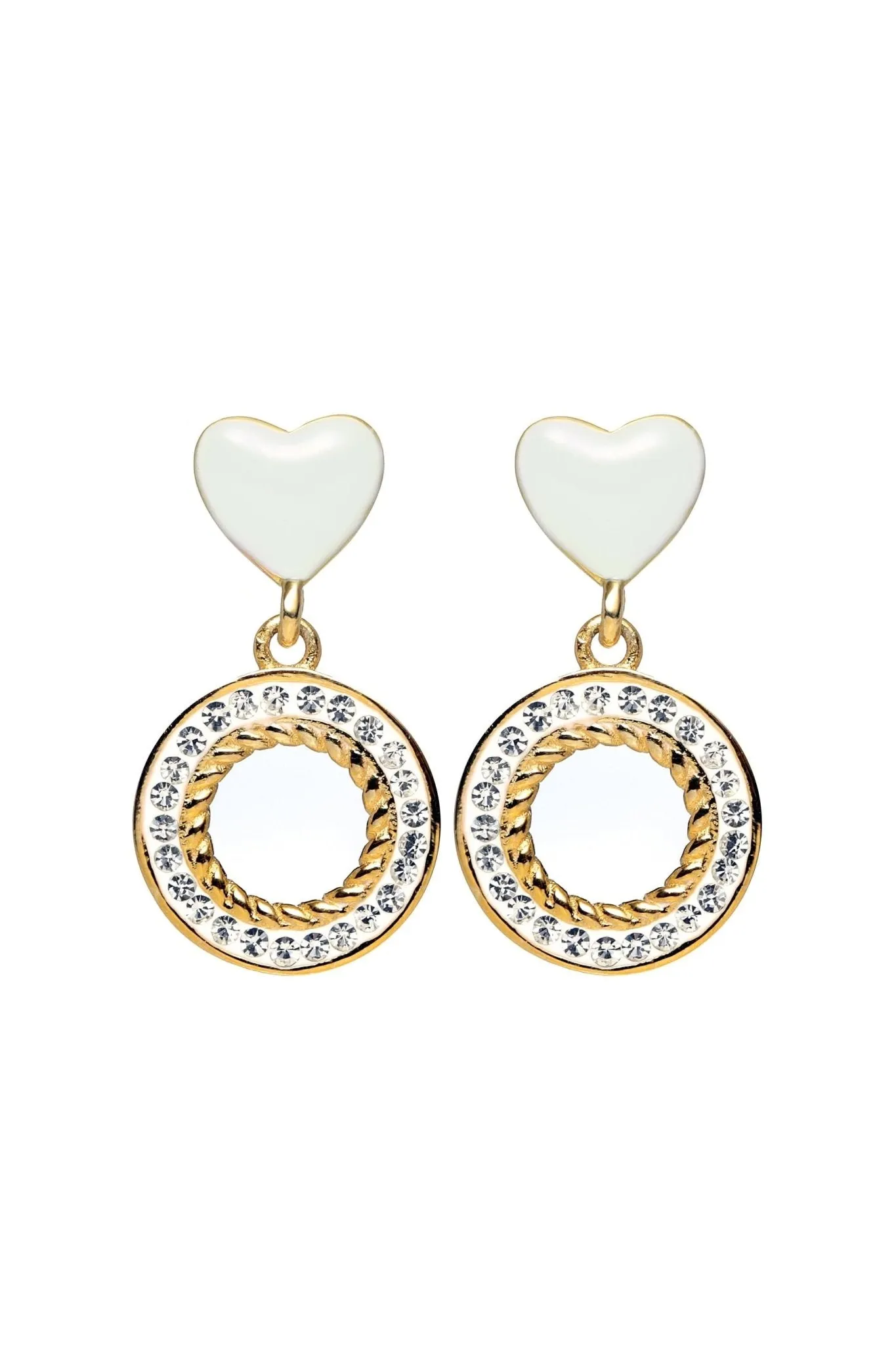 Gold Plated Sterling Silver White Enamel & Crystal Heart Stud Earrings