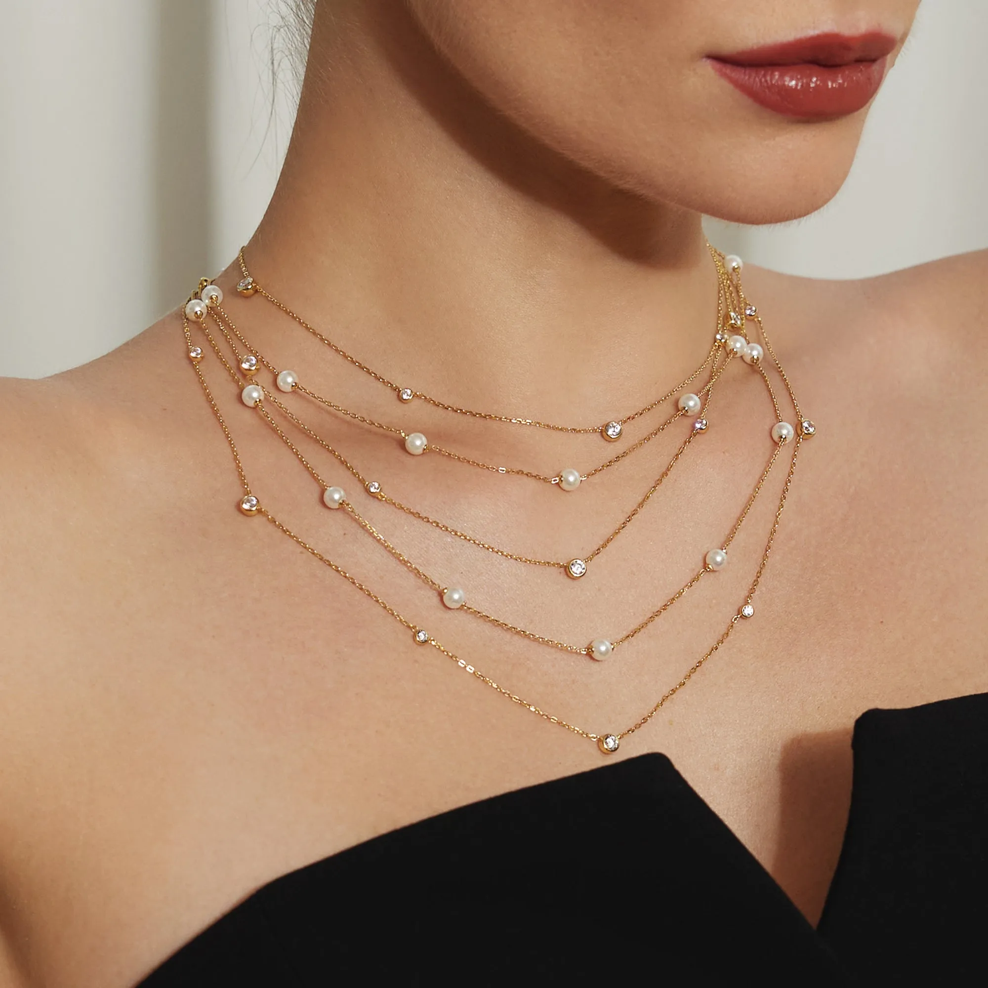 Gold Shell Pearl Station Chain Necklace