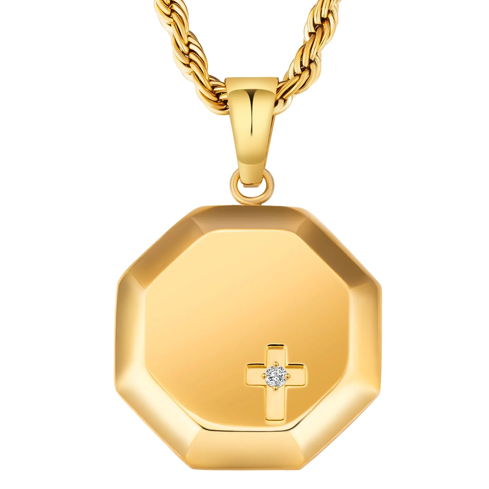 Hexagon Cross Gold Coin Pendant Necklace with Rope Chain for Men