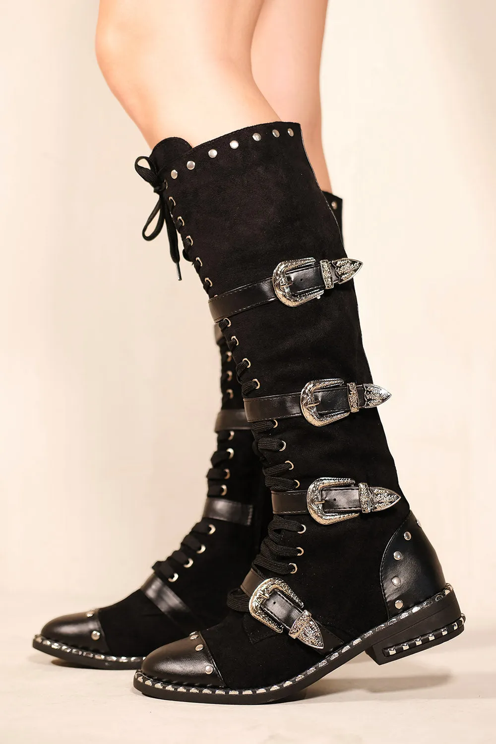 HILDA CLAF HIGH BOOTS WITH LACE UP & STUDS DETAIL IN BLACK FAUX SUEDE