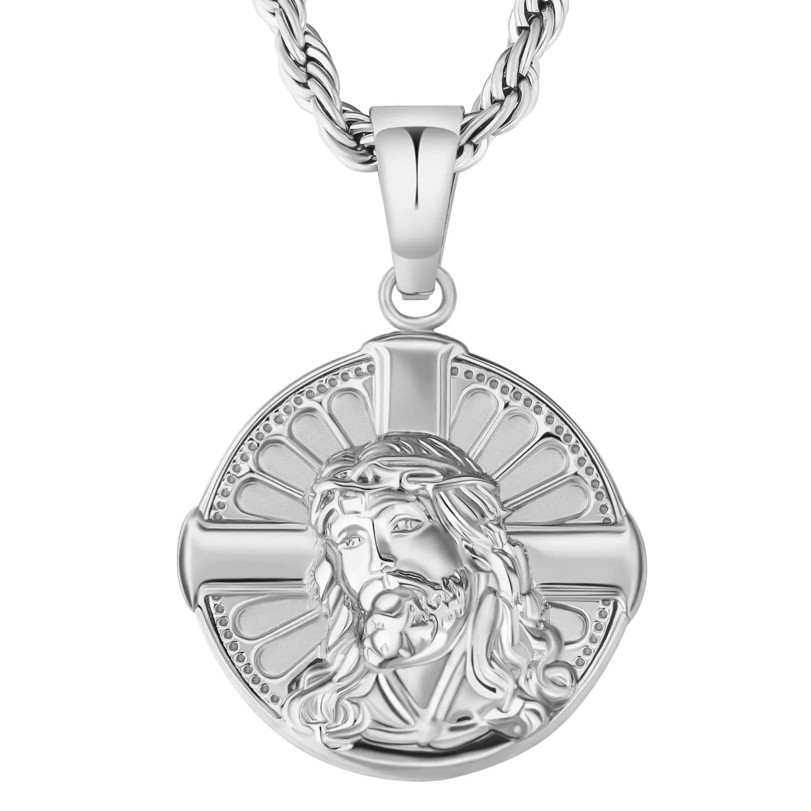 Jesus on Cross Gold Coin Pendant Necklace with Rope Chain for Men