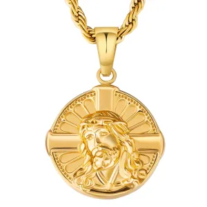 Jesus on Cross Gold Coin Pendant Necklace with Rope Chain for Men