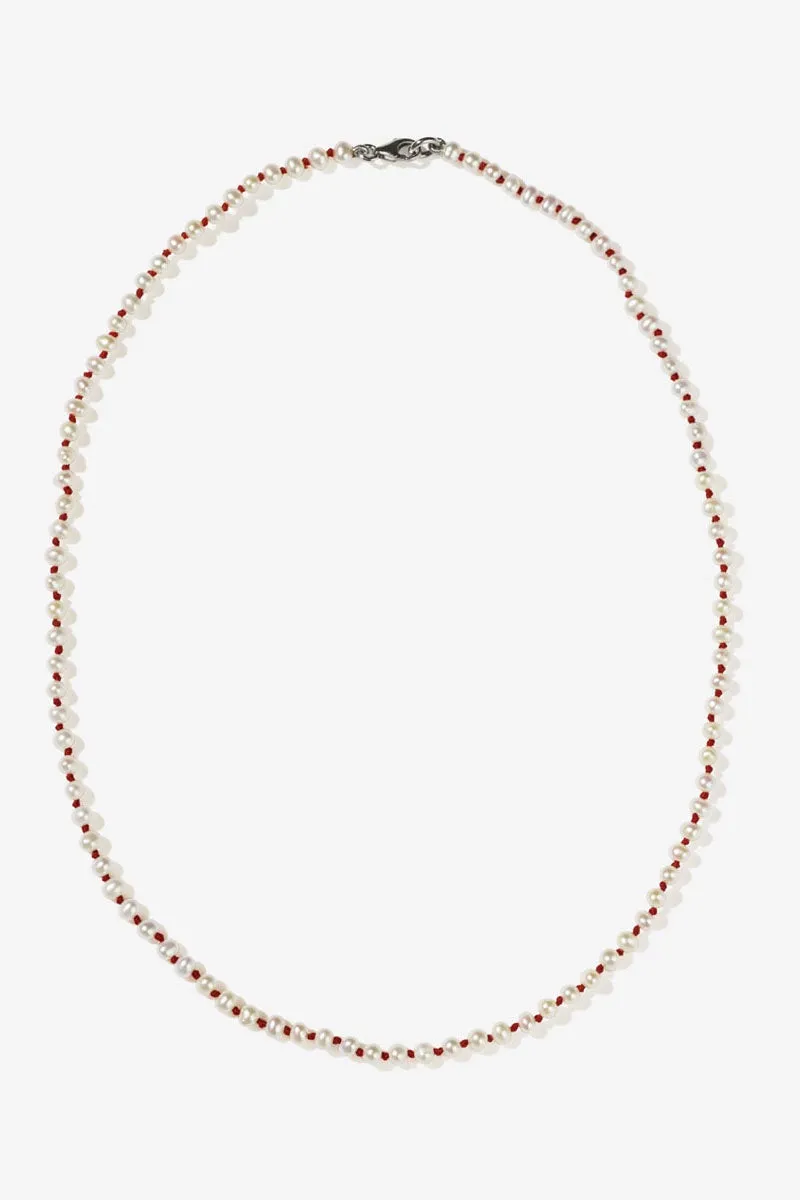 Knotted Micro Pearl Necklace - Sterling Silver / Red