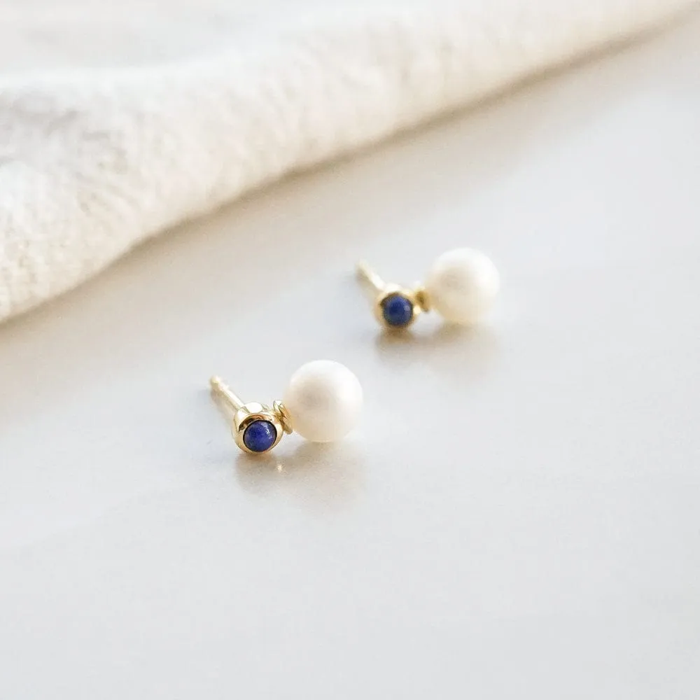 Lapis Pearl Stud Earrings 18ct Gold Plate