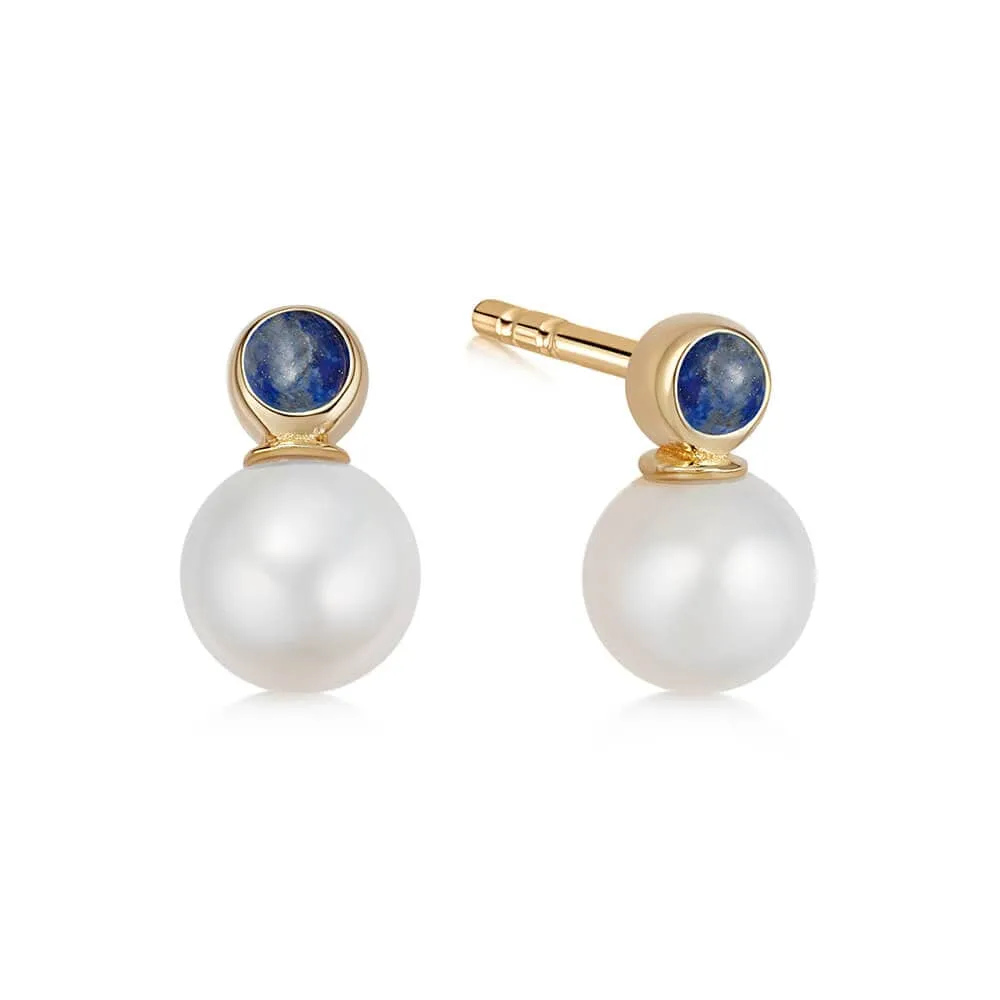 Lapis Pearl Stud Earrings 18ct Gold Plate