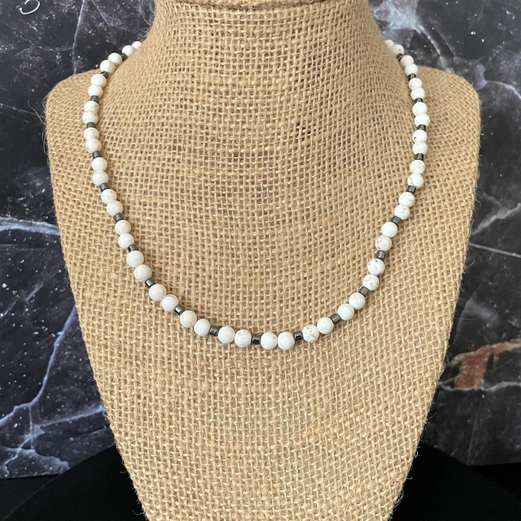 Mens White Magnesite and Hematite Beaded Necklace