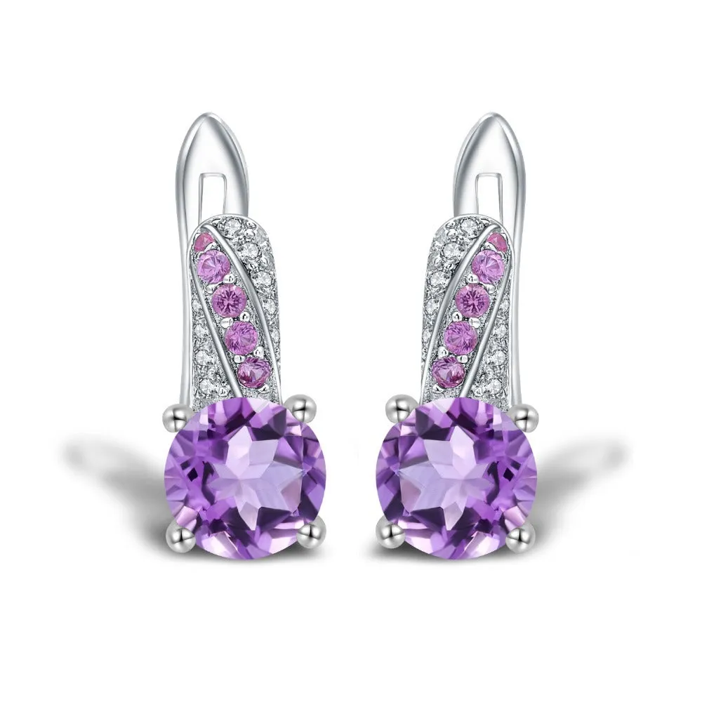 Natural Amethyst Round Cut Silver Studs Earrings for Women