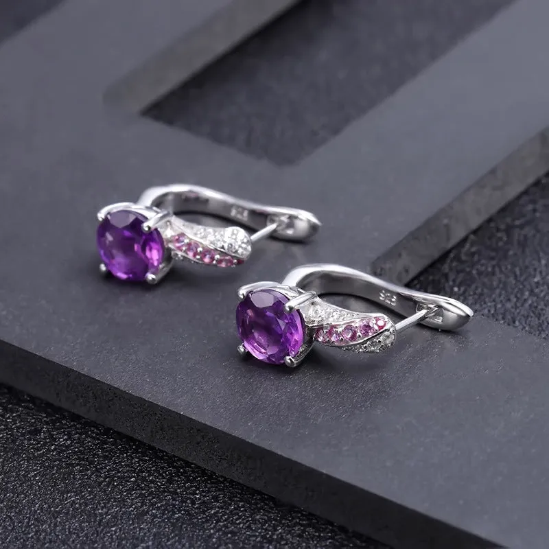 Natural Amethyst Round Cut Silver Studs Earrings for Women