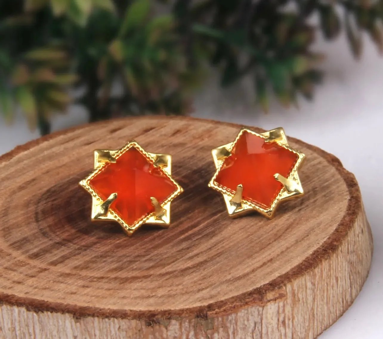 Orange Carnelian Pyramid Stud Earrings