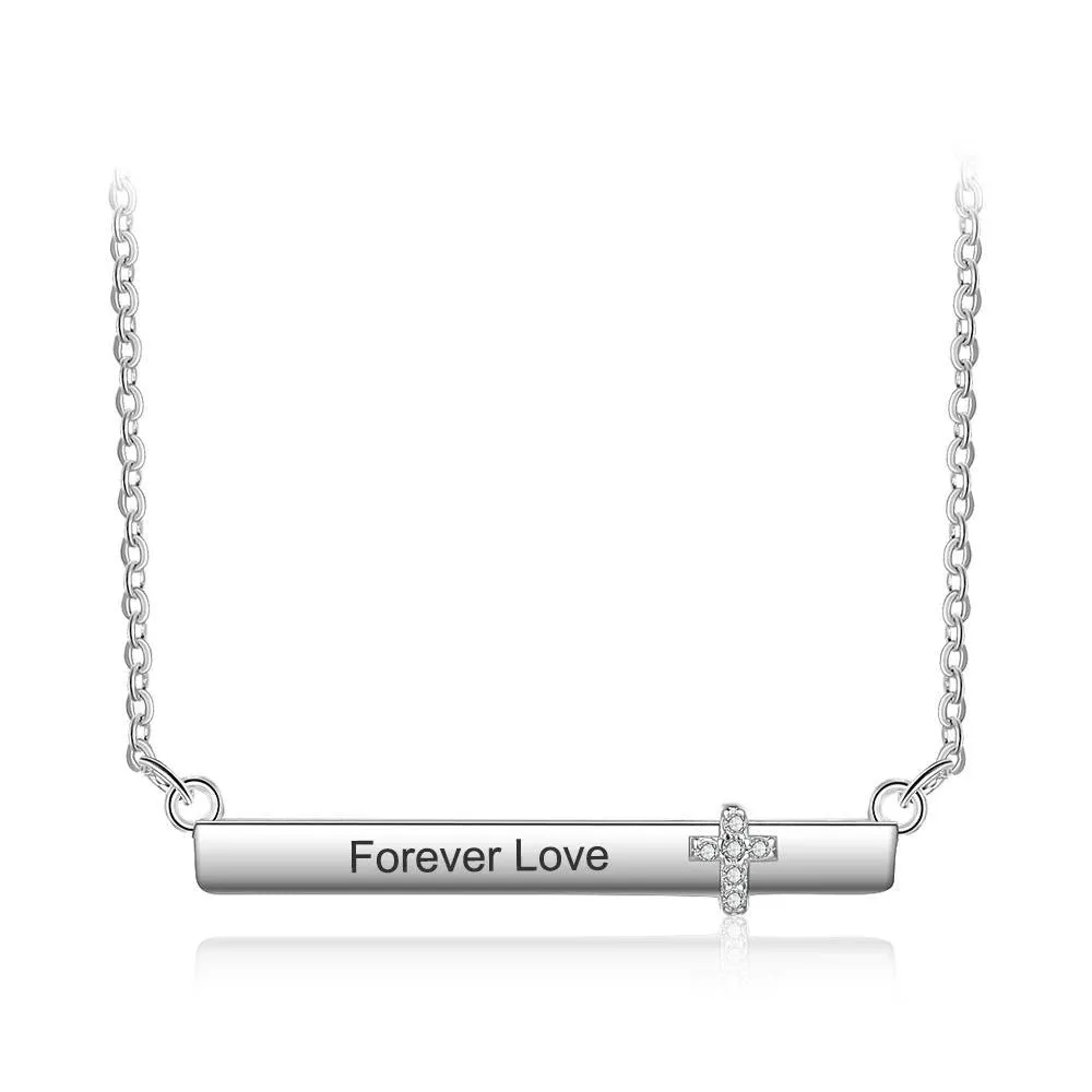 Personalized Women’s Silver Name Necklace with Strip Shape Pendant & Cross CZ Stone, Trendy Customizable Jewelry for Girls