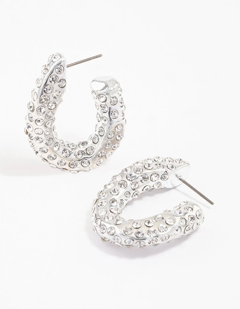 Rhodium Paved Curve Hoop Earrings