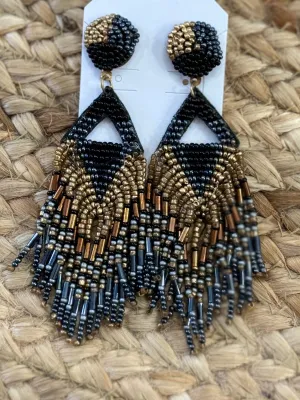 Rhombus Beaded Tassel Earrings in Black