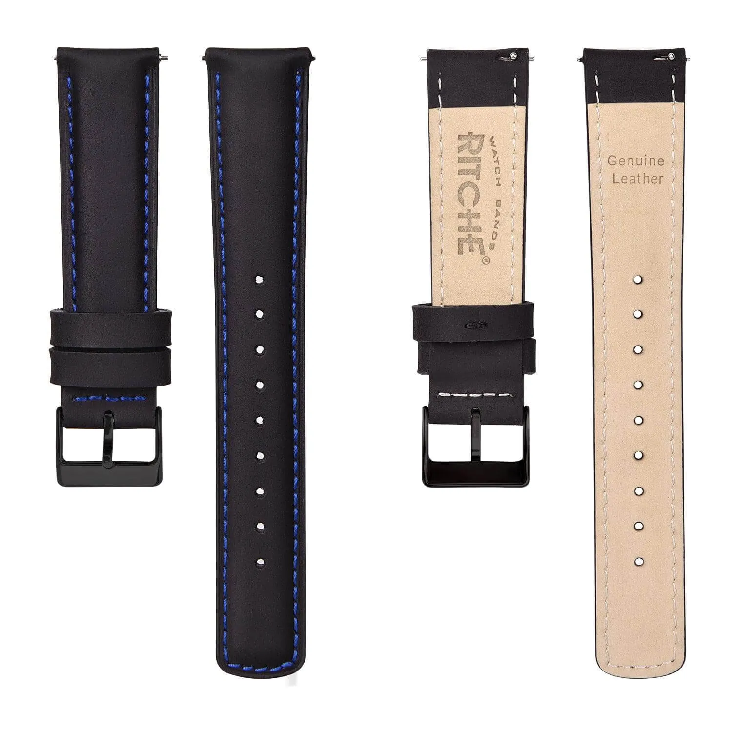 Ritche Classic Black Leather Watch Bands - Blue Stitching