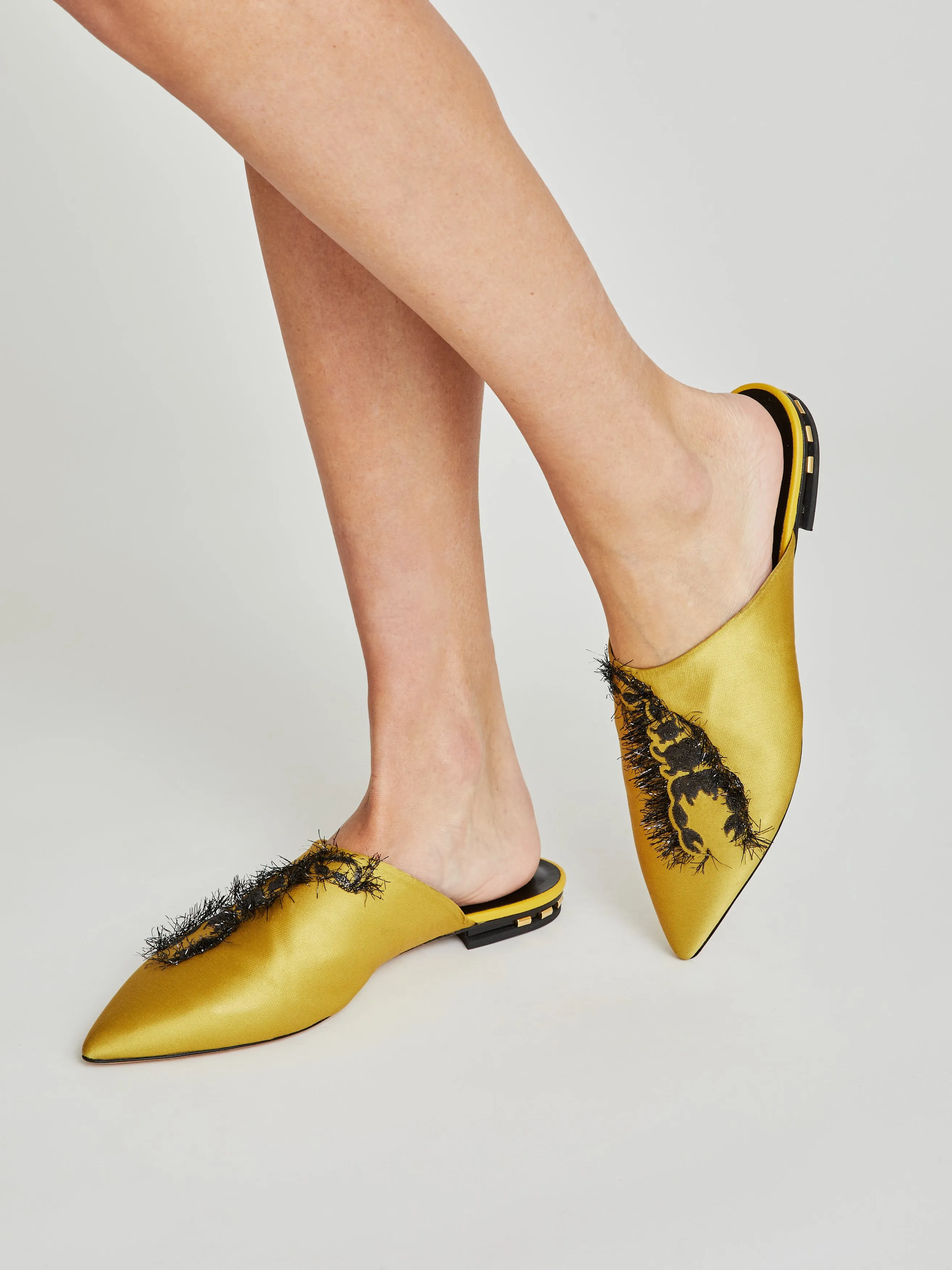 Rocio Mustard Embroidered Satin Slippers