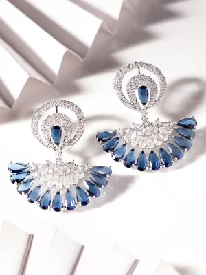 Rubans Rhodium Plated Blue Sapphire Zirconia Studded Chic Dangle Earrings