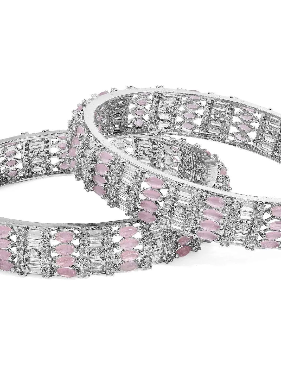 Rubans Silver Plated Pink Stone Studded Zirconia Stone Set of 2 Bangles.