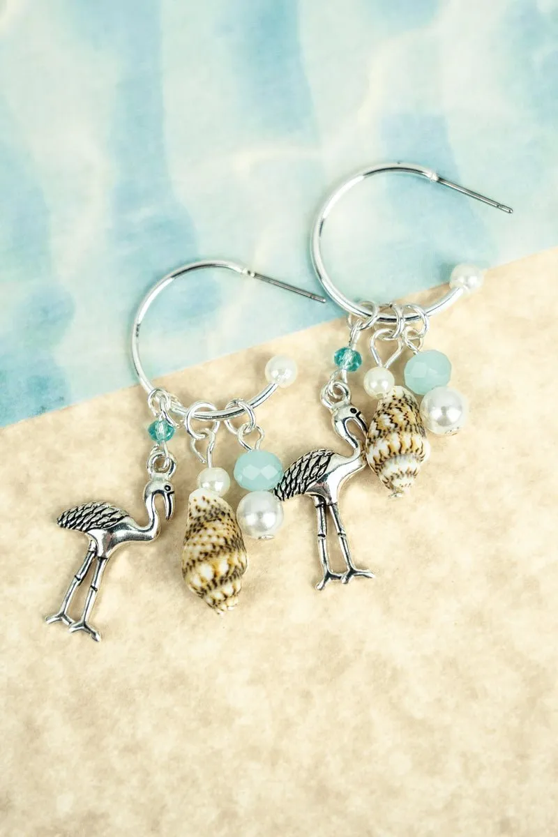 SALE! Flamingo and Blue Bead Charm Hoop Earrings