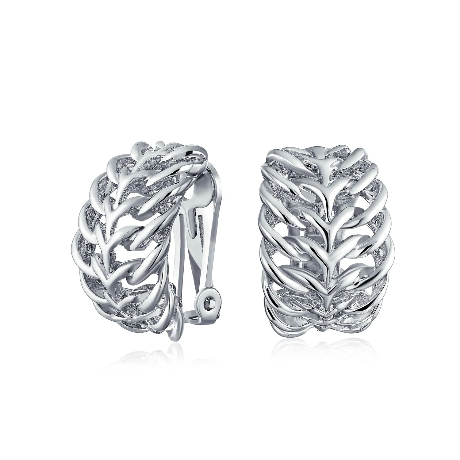 Silver Gold Plated Clip-On Earrings Open Weave Leaf Feather Design Non-Pierced Ears