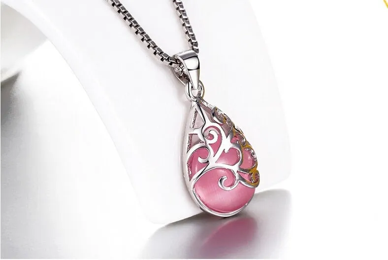 Silver Plated Pendant Pink And White Moonstone Stone Opal Pendant Hollow Goth Jewerally