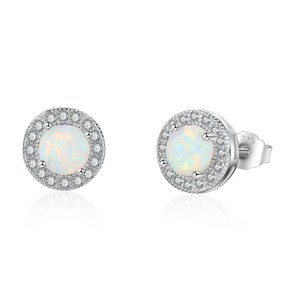 Single Round Opal Zircon Soleste Halo Sterling Silver Stud Earrings