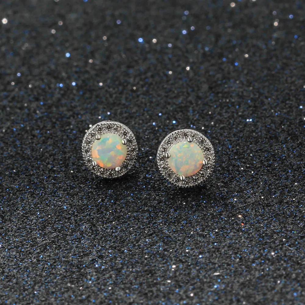 Single Round Opal Zircon Soleste Halo Sterling Silver Stud Earrings