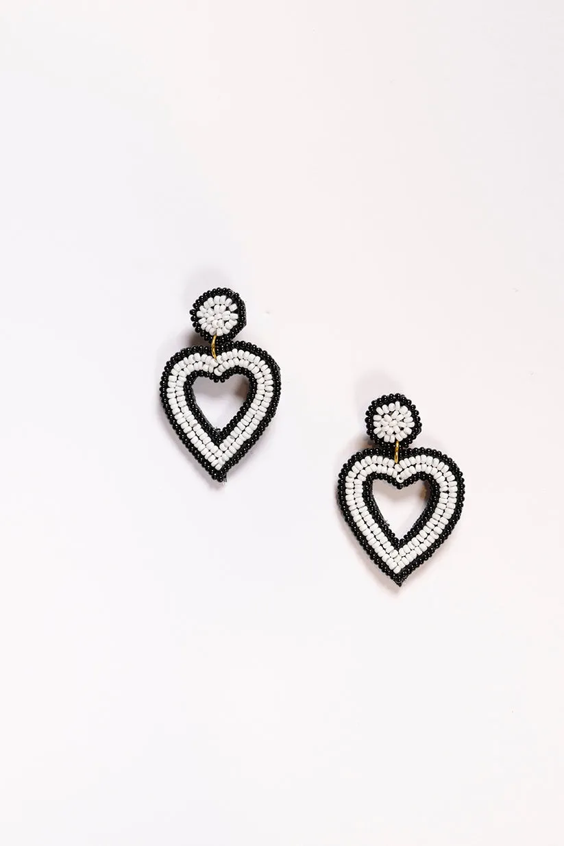 Sweetheart Beaded Earrings in Black and White