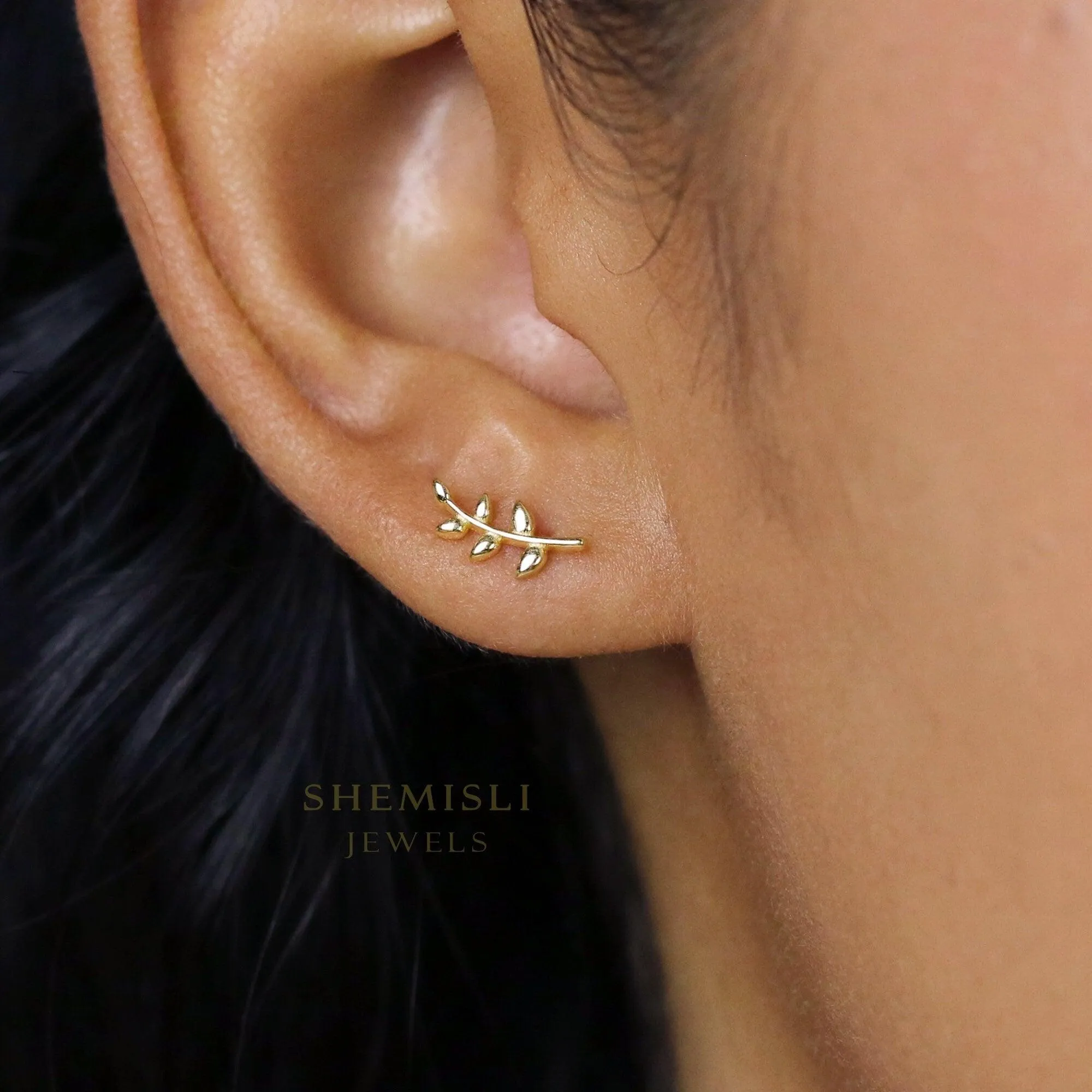 Tiny Leaf Stud Earrings, Gold, Silver SHEMISLI SS083 LR