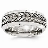 Titanium & Steel Patterned Beveled 9mm Wedding Band Ring