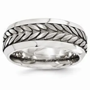 Titanium & Steel Patterned Beveled 9mm Wedding Band Ring