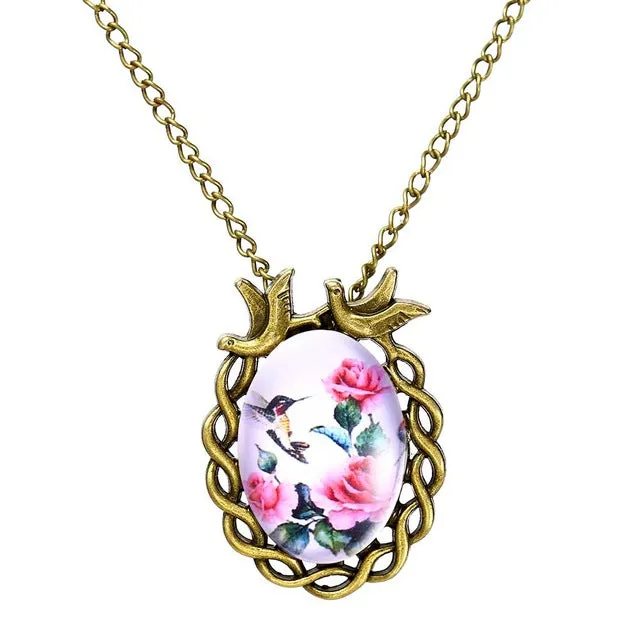 Tomtosh Summer style jewelry vintage antique bronze oval flower alloy bird necklace glass cabochon Statement Necklace For Women