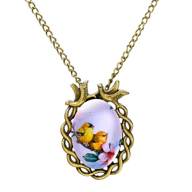 Tomtosh Summer style jewelry vintage antique bronze oval flower alloy bird necklace glass cabochon Statement Necklace For Women