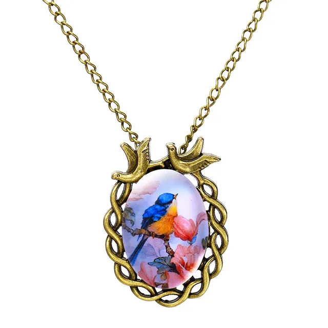 Tomtosh Summer style jewelry vintage antique bronze oval flower alloy bird necklace glass cabochon Statement Necklace For Women