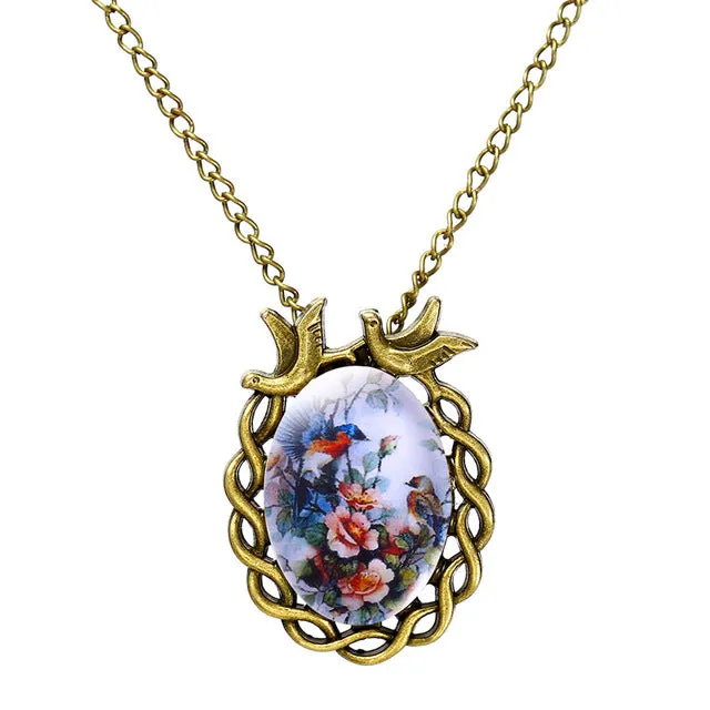 Tomtosh Summer style jewelry vintage antique bronze oval flower alloy bird necklace glass cabochon Statement Necklace For Women