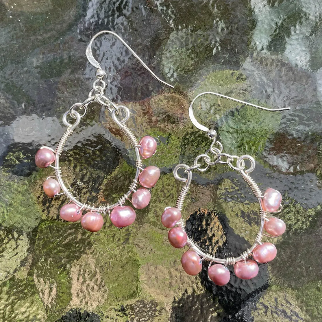 U-Shaped Hoop Earrings Wrapped with Freshwater Pearls (click for sizes & colors) #106