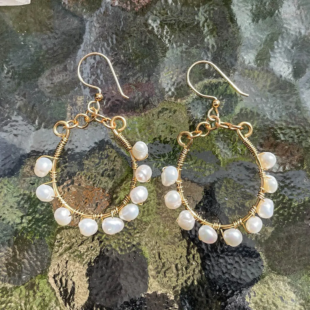 U-Shaped Hoop Earrings Wrapped with Freshwater Pearls (click for sizes & colors) #106