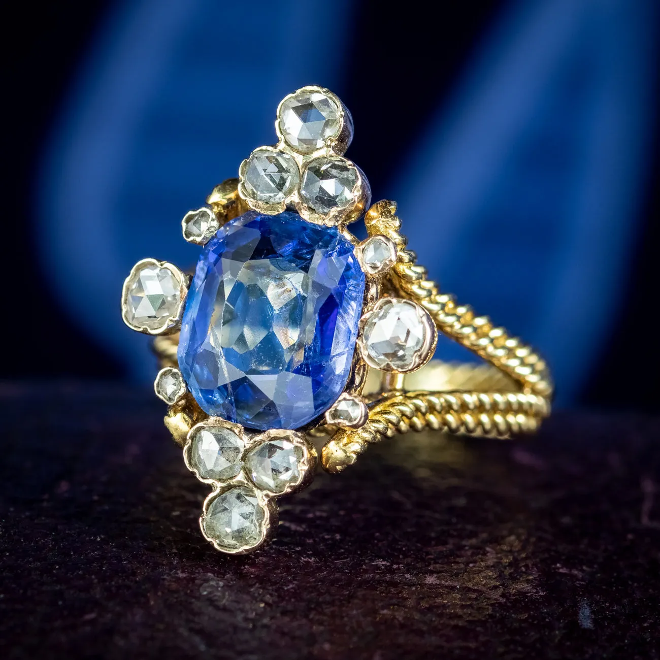 Vintage Ceylon Sapphire Diamond Ring 3.49ct Sapphire With Cert