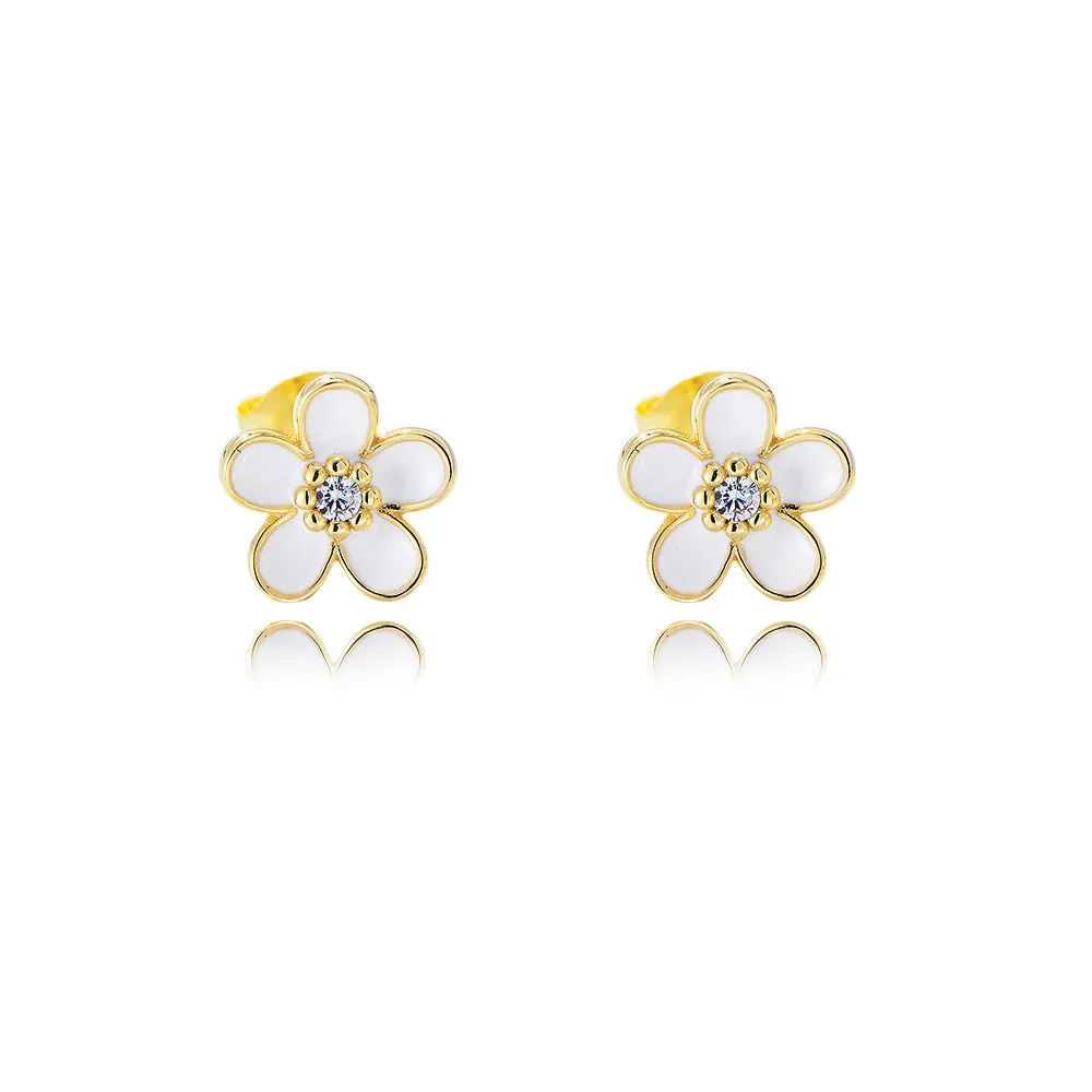 White Flower with Zircon Silver Studs Earrings for Women