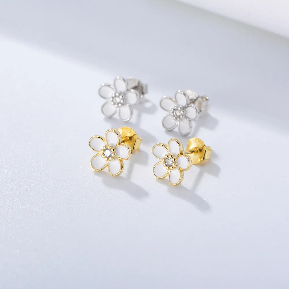 White Flower with Zircon Silver Studs Earrings for Women