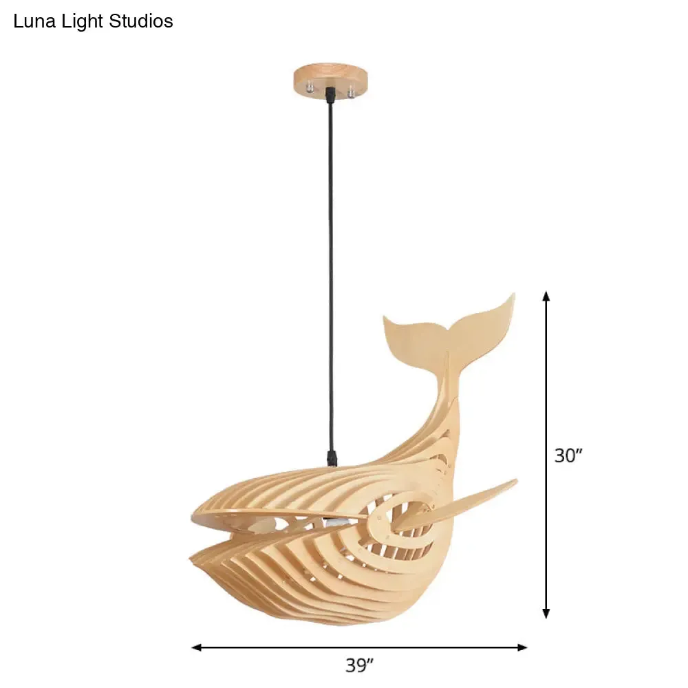 Wooden Kids Whale Pendant Lamp - Modern Hanging Light in Beige, 21.5"/31.5"/39" Wide