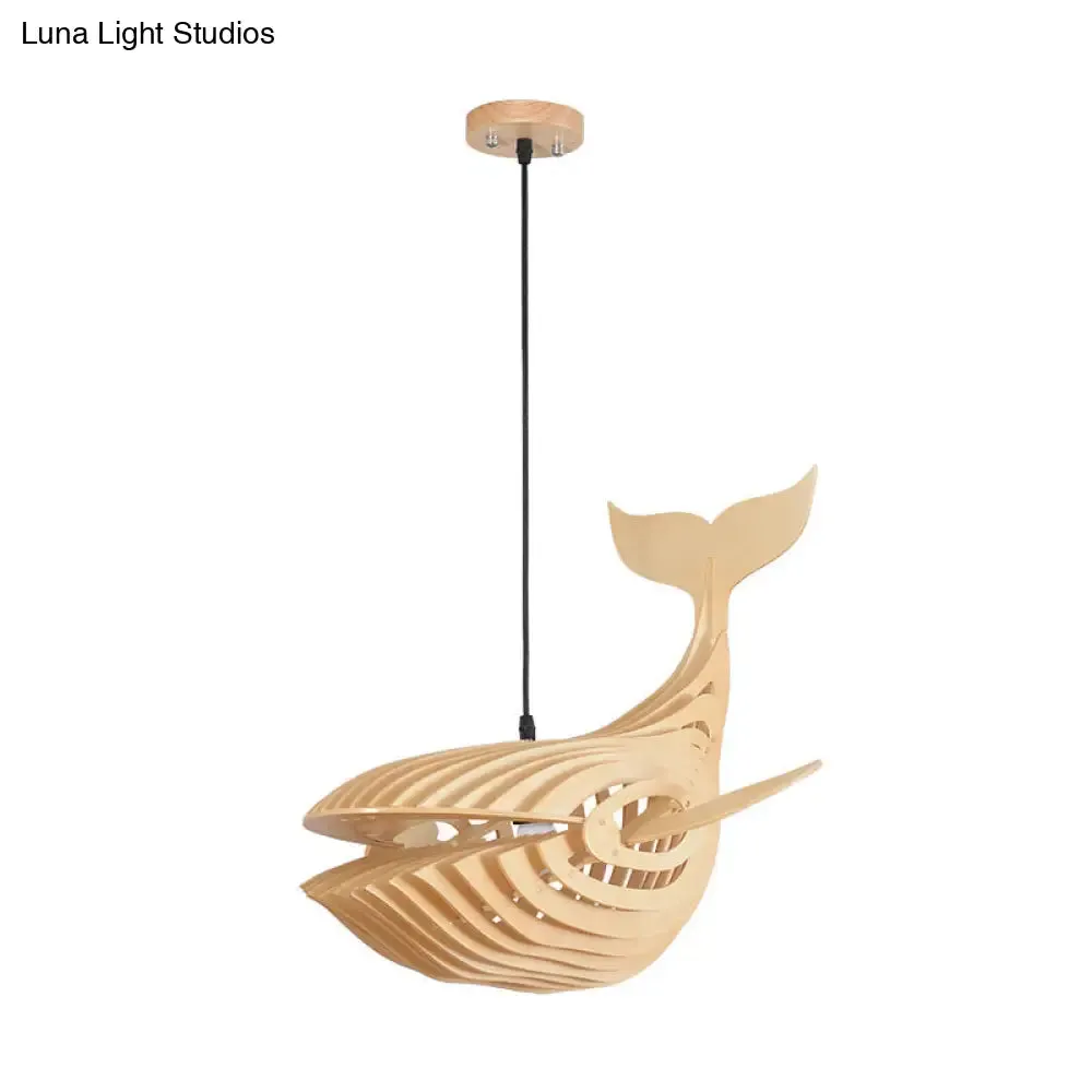 Wooden Kids Whale Pendant Lamp - Modern Hanging Light in Beige, 21.5"/31.5"/39" Wide